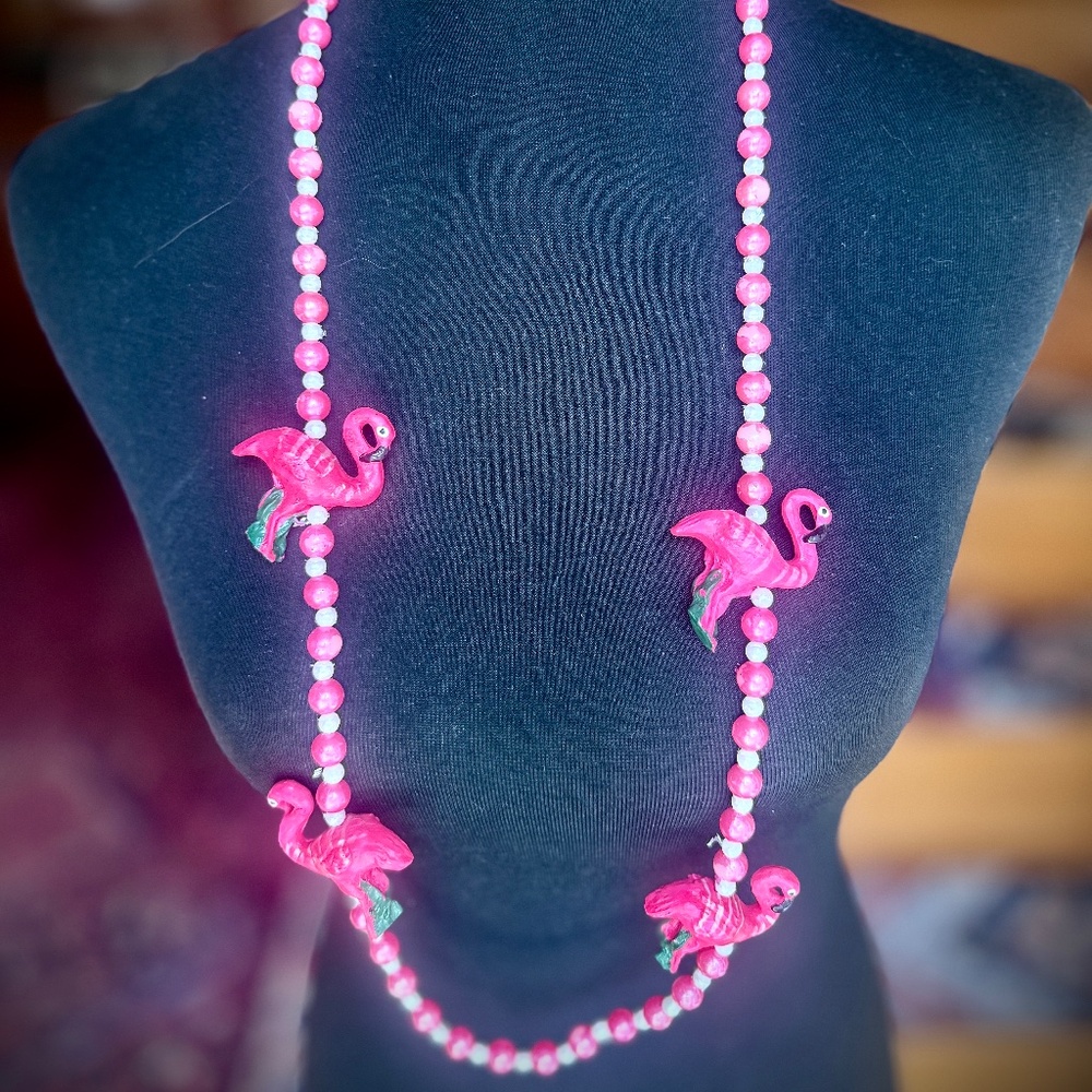 Pink Flamingo Novelty Beaded Long Necklace